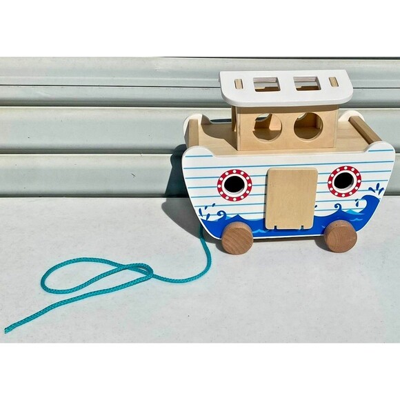 Wooden Noah's Ark Pull Toy Boat Animal Shape Sorter Painted Bible Story Toddler - Picture 2 of 16